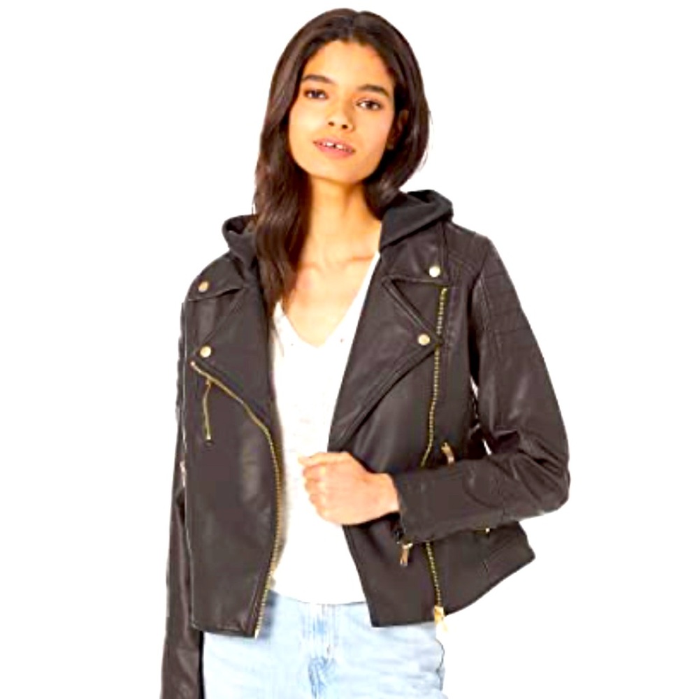 Free People Women’s Harriett Faux Leather Vegan Black Jacket with Hoodie - XS
